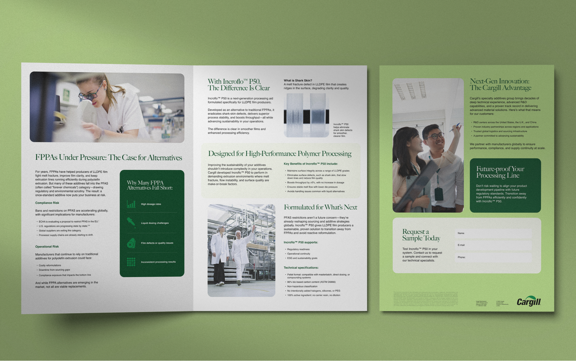 Three-page brochure with photos of scientists in labs, technical diagrams, and text about innovation in polymer processing and sustainable solutions from Cargill, shaping the future of materials.