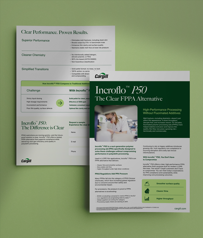 Two informational flyers about Incroflo P50, Cargill’s high-performance alternative to FPPA, displayed on a green surface with text detailing benefits, product comparisons, and a glimpse into what’s next for the future of ingredients.