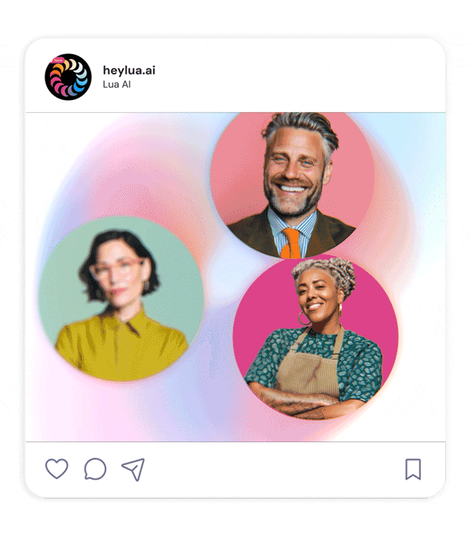 Three profile photos in colorful circular frames—highlighting a man in a suit, a woman in glasses and blouse, and a woman with curly hair and apron—are displayed on a pastel gradient background inspired by personal AI designs.