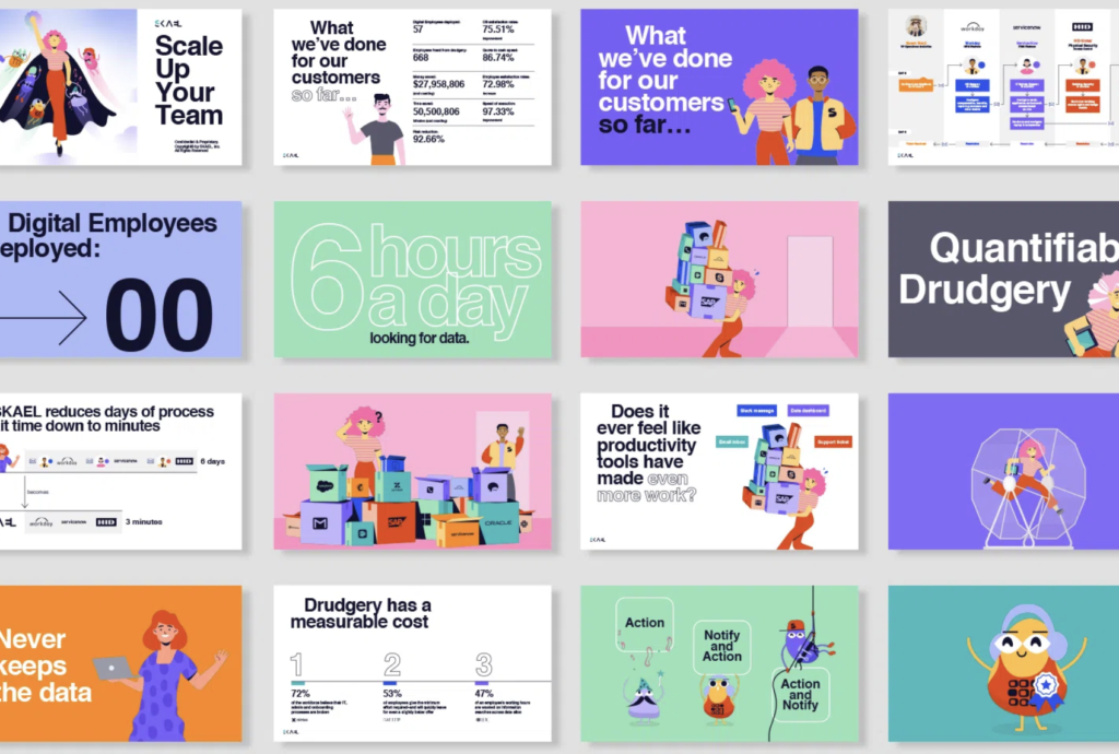 A collage of illustrated presentation slides by a Brand Design Agency features text about digital employees, data, productivity, and quantifiable drudgery, with colorful cartoon characters and charts.