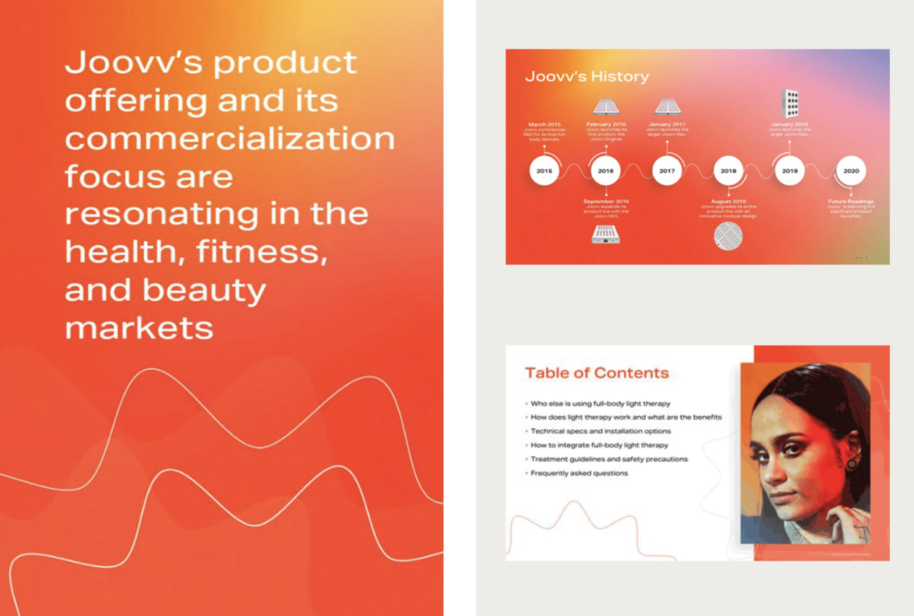 A presentation slide set about Joovv, created by a Brand Design Agency, featuring a product summary, company history timeline, and table of contents with an image of a woman.