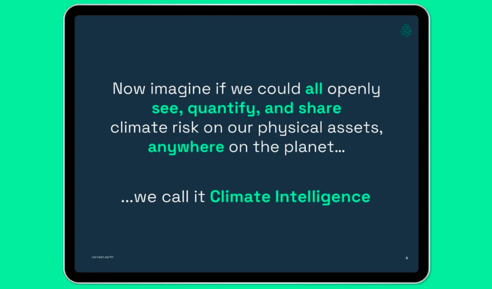 A tablet screen displays text about openly seeing, quantifying, and sharing climate risk globally, presented with modern presentation design, referring to this concept as Climate Intelligence.
