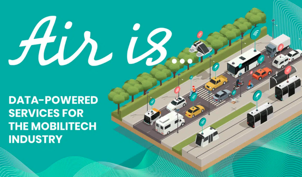 Illustration of a smart city street with connected vehicles, buses, and traffic lights, showing data-powered mobility technology. Text reads: "Air is... Data-powered services for the Mobilitech industry—perfect for impactful presentation design.
