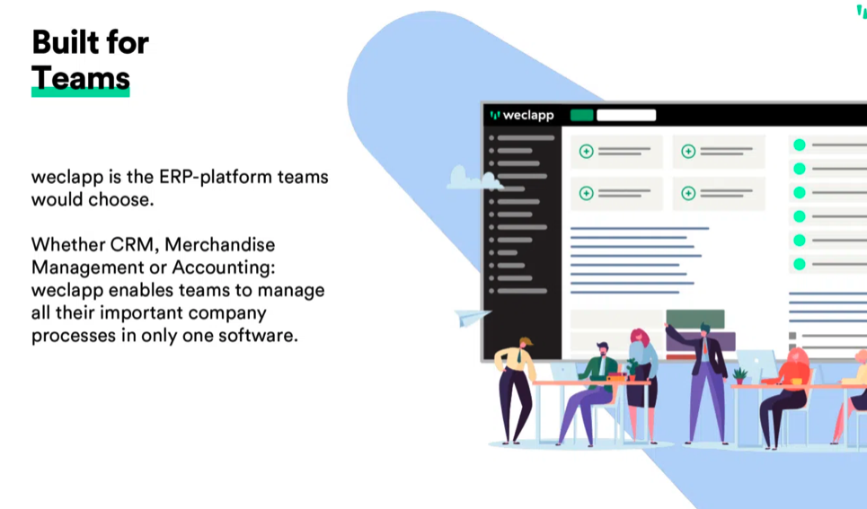 Illustration of people working at desks in front of a large computer screen with the text "Built for Teams," showcasing weclapp, an ERP-platform for team management and streamlined presentation design.