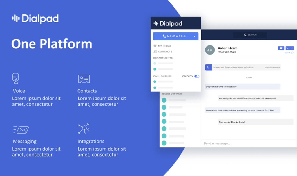 A software platform interface with features for voice, messaging, contacts, integrations, and PowerPoint design tools, displaying a contact list and a chat conversation under the label "Dialpad One Platform".