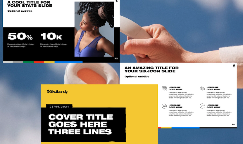 A collage of four modern PowerPoint design slides with bold text, statistics, images, and colorful graphic elements, including a close-up of a hand holding a white object and a woman looking over her shoulder.