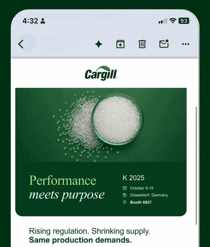 An email on a smartphone screen displays a Cargill event invitation for "K 2025" in Düsseldorf, Germany, featuring white pellets in green bowls and teasing what's next in sustainable innovation.