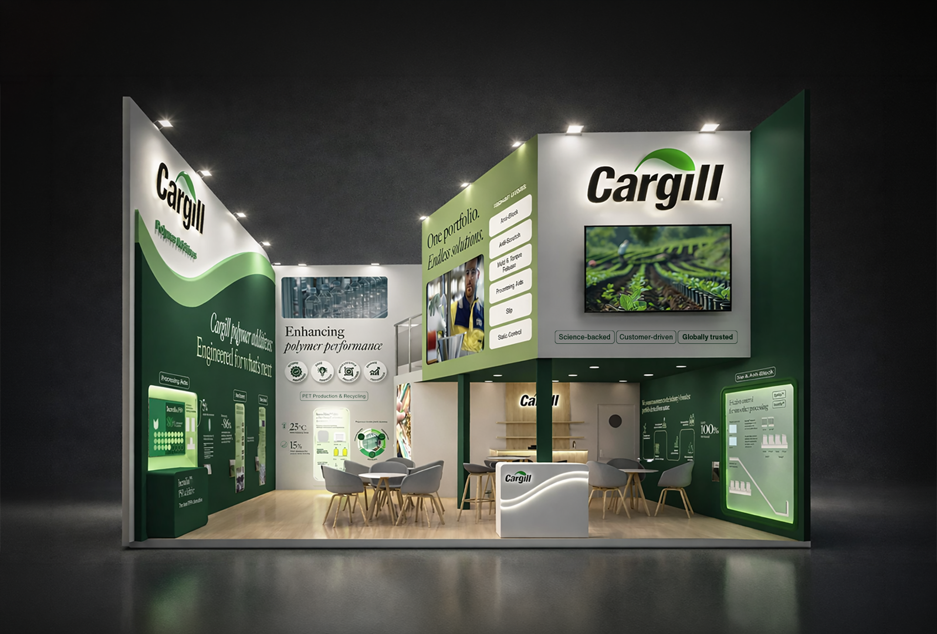 Modern exhibition booth with Cargill branding, informational displays, seating area, digital screens, and a green-themed design focused on sustainability and performance—perfect for showcasing what's next in innovation.