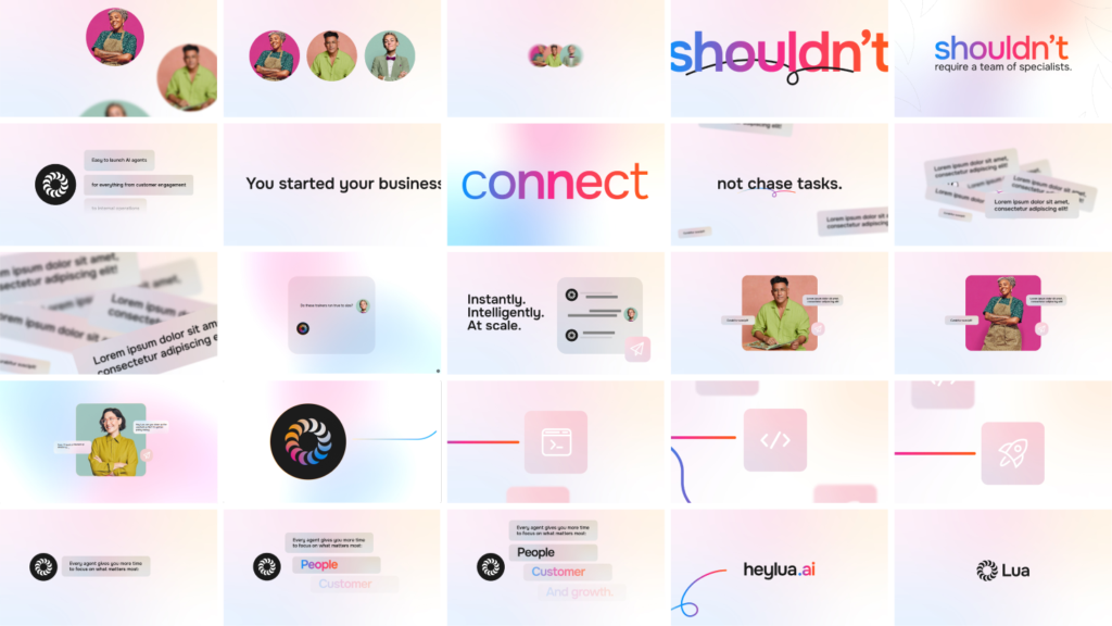 A collage of slides featuring people, text snippets, abstract icons, and the words "shouldn't," "connect," "Instantly. Intelligently. At scale," and "heylua.ai" on pastel backgrounds highlights Lua AI and personal AI innovation.