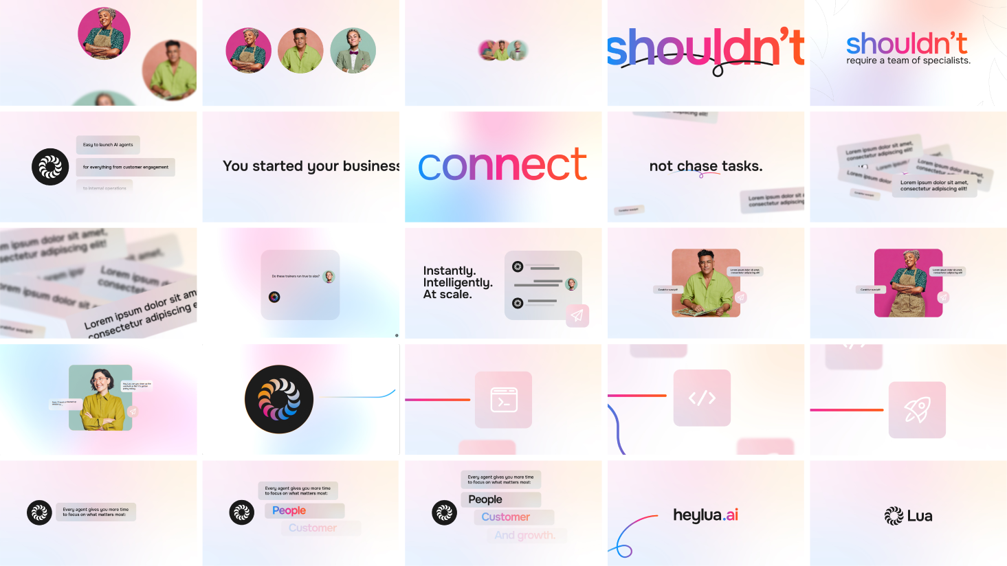 A collage of slides featuring people, text snippets, abstract icons, and the words "shouldn't," "connect," "Instantly. Intelligently. At scale," and "heylua.ai" on pastel backgrounds highlights Lua AI and personal AI innovation.