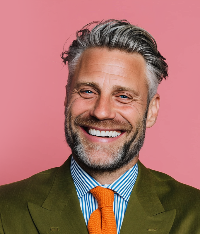 A smiling man with gray hair and a beard, wearing an olive green suit, blue striped shirt, and orange tie, poses in front of a pink background as if introducing his personal AI.