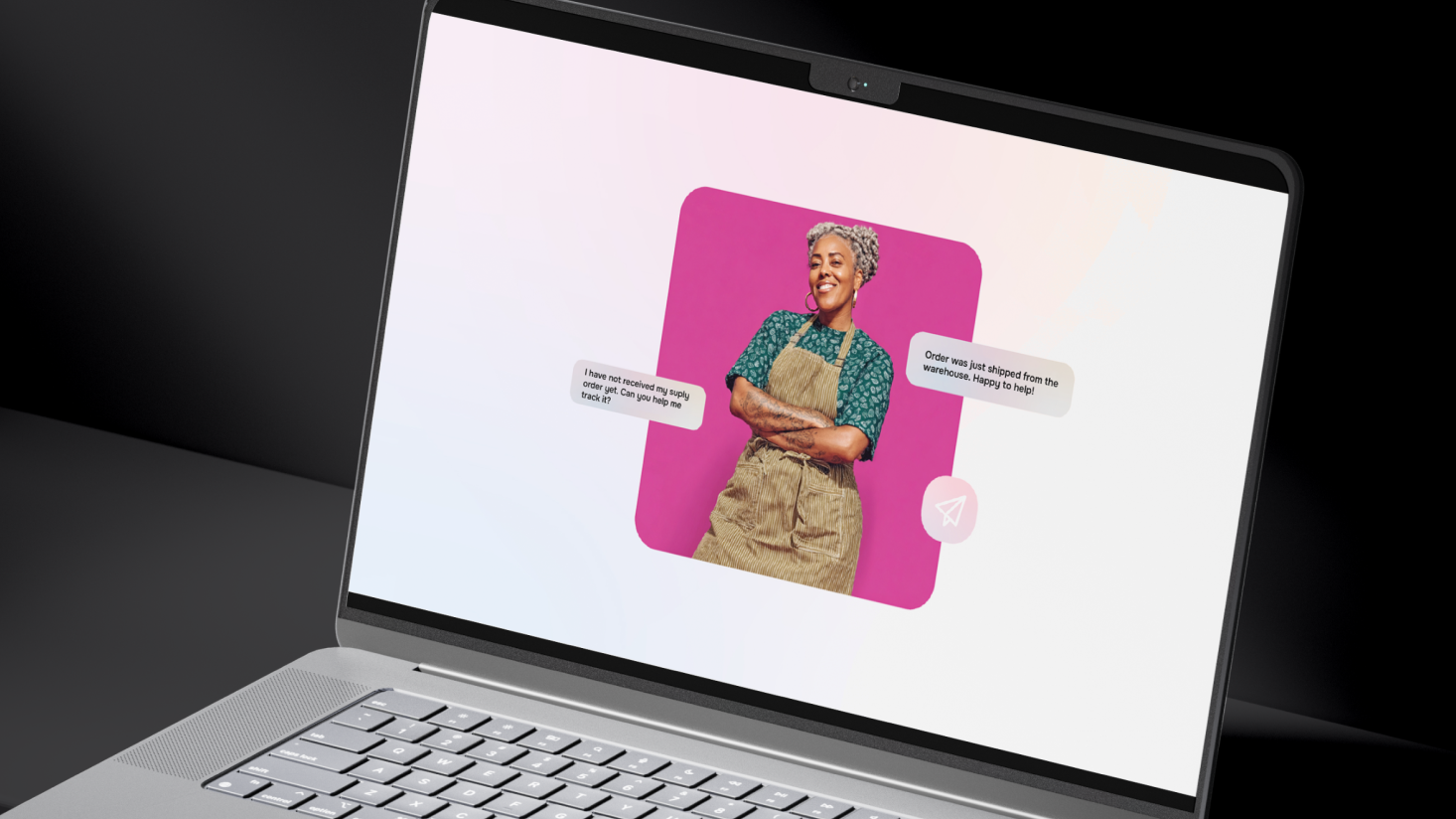 A laptop screen displays a smiling woman in an apron and headscarf, with two chat bubbles—powered by personal AI—appearing beside her over a magenta background.