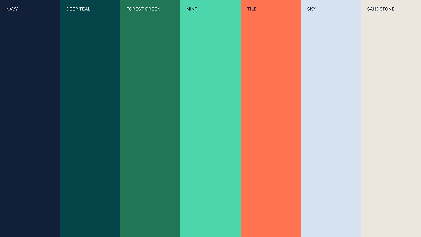 Seven vertical color stripes labeled NAVY, DEEP TEAL, FOREST GREEN, MINT, TILE, SKY, and SANDSTONE showcase a distinct palette that reflects the RealManage brand identity in property management SaaS.