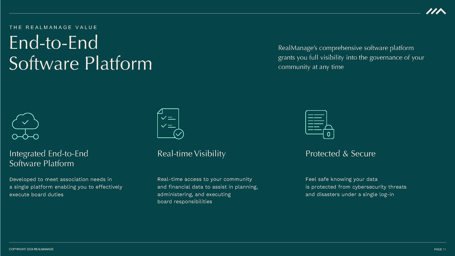 Slide presenting RealManage’s End-to-End Software Platform features: integrated property management tools, real-time visibility for communities, and data security under one login.