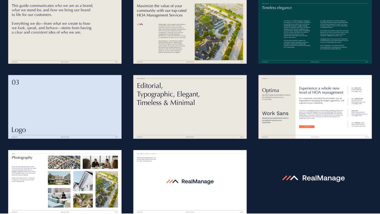 A digital brand style guide showcases layouts, color schemes, fonts, logos, and photography guidelines for RealManage’s Property Management SaaS, ensuring a cohesive brand identity throughout all platforms.
