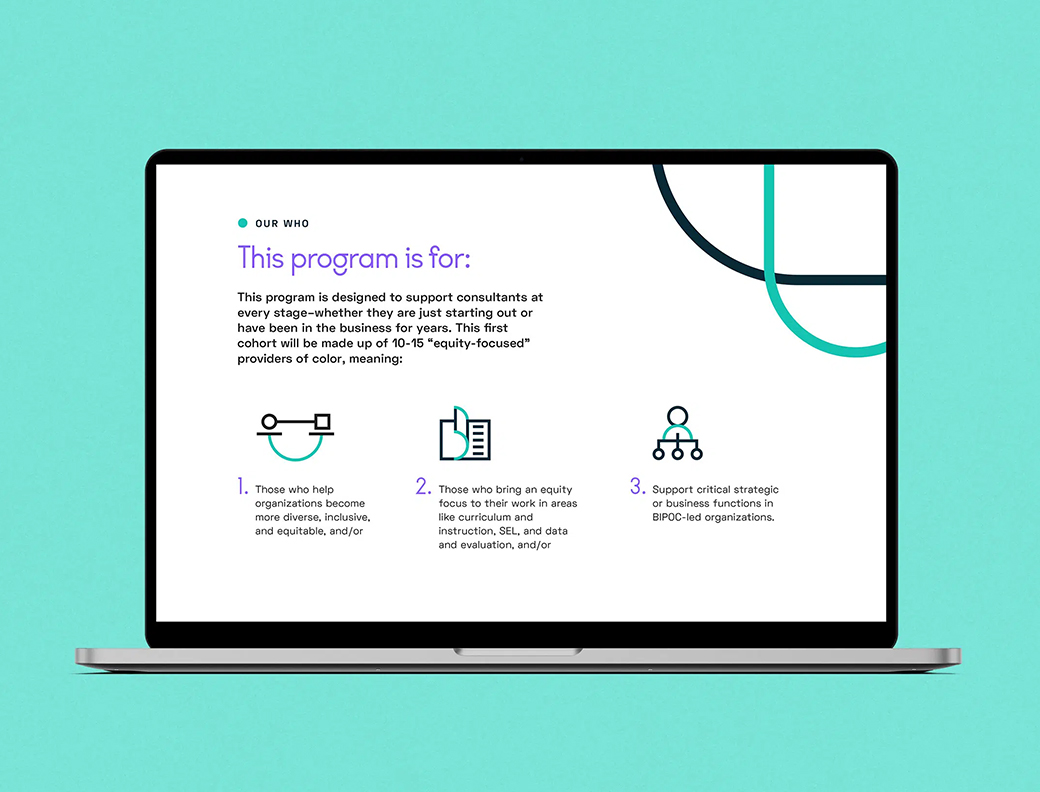 A laptop displays a webpage outlining a program for equity-focused consultants, listing its target participants in three numbered sections with icons.