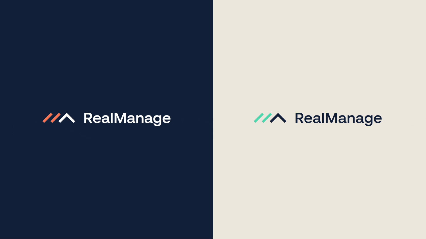 Two versions of the RealManage logo capture the brand identity, each featuring three diagonal lines forming a roof shape above "RealManage" on dark blue and off-white backgrounds.