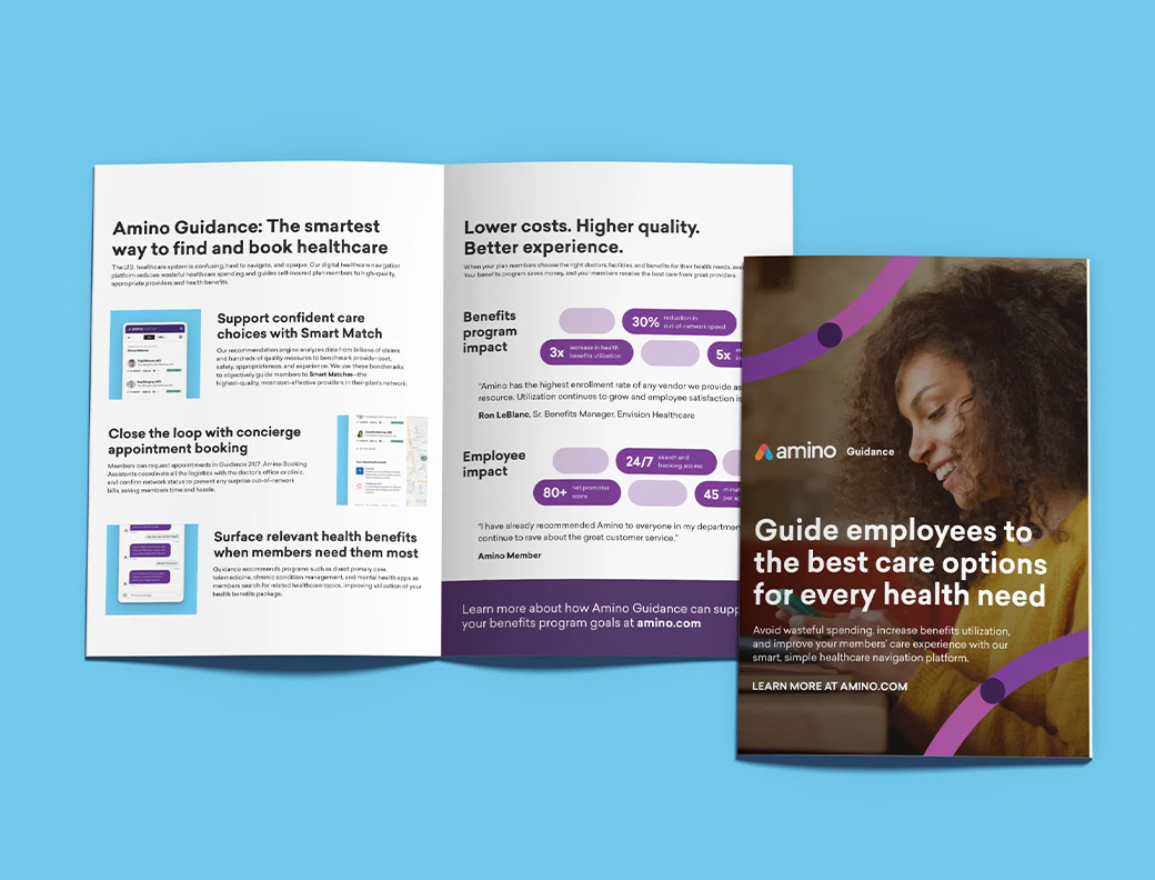 A brochure on a blue surface displays healthcare guidance information, benefit statistics, and an image of a smiling woman on the cover with the title "Guide employees to the best care options.