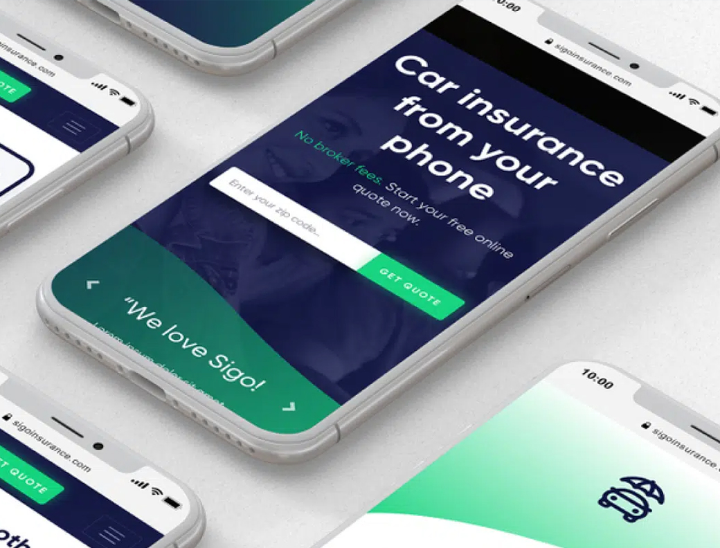 Smartphones displaying a car insurance app interface with text, “Car insurance from your phone,” an input field, and a “get quote” button.
