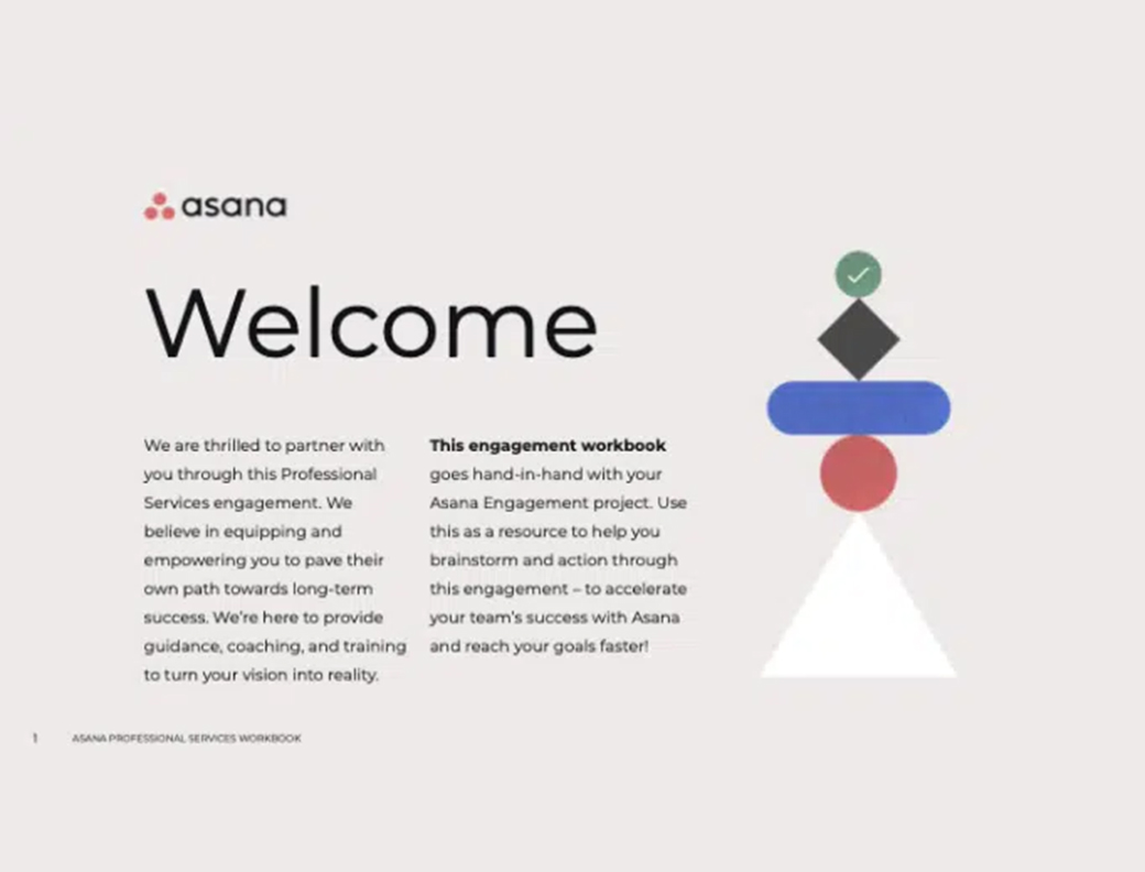 A welcome page from Asana featuring text about a professional services engagement and a geometric graphic with stacked shapes on the right side.
