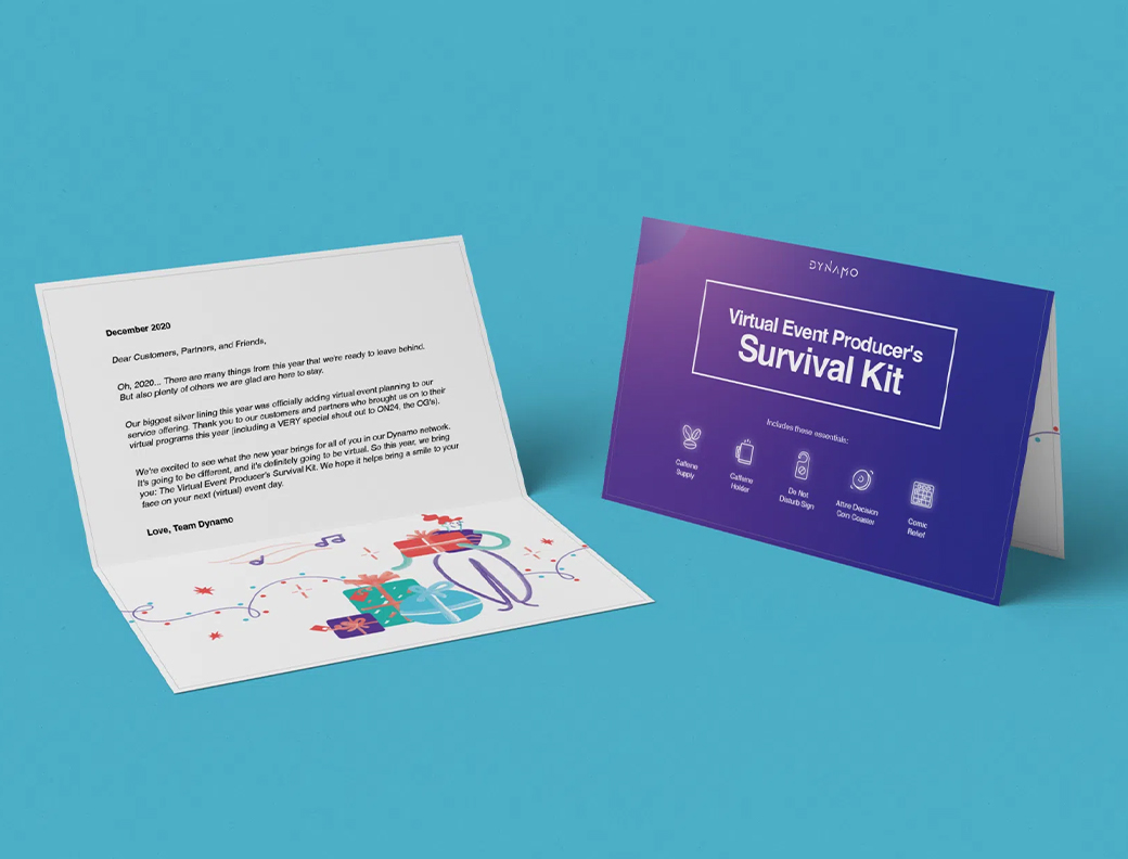 Two greeting cards are displayed on a blue surface. One card shows a printed letter with an illustration of gifts; the other card reads "Virtual Event Producer's Survival Kit.