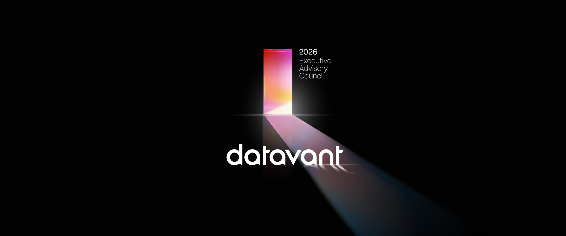 A gradient-lit doorway with “2026 Executive Advisory Council” text casts light over the word “Datavant,” reflecting a premium executive experience on a sleek black background.