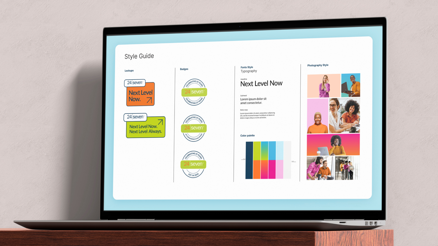 A computer monitor displays a digital style guide featuring typography, color palettes, logos, button styles, and sample photography—setting the foundation for next-level success with 24 Seven.
