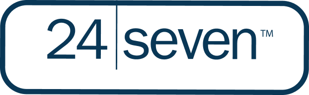 Logo with the text "24 | seven™" in blue font on a white background, enclosed by a rounded rectangular border, celebrating 25 years of next-level success for 24 Seven.