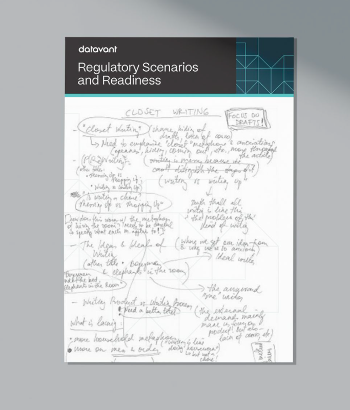 A document titled "Regulatory Scenarios and Readiness," featuring a handwritten page of notes and diagrams partially visible underneath the cover, exemplifies a premium executive experience for Datavant leaders.