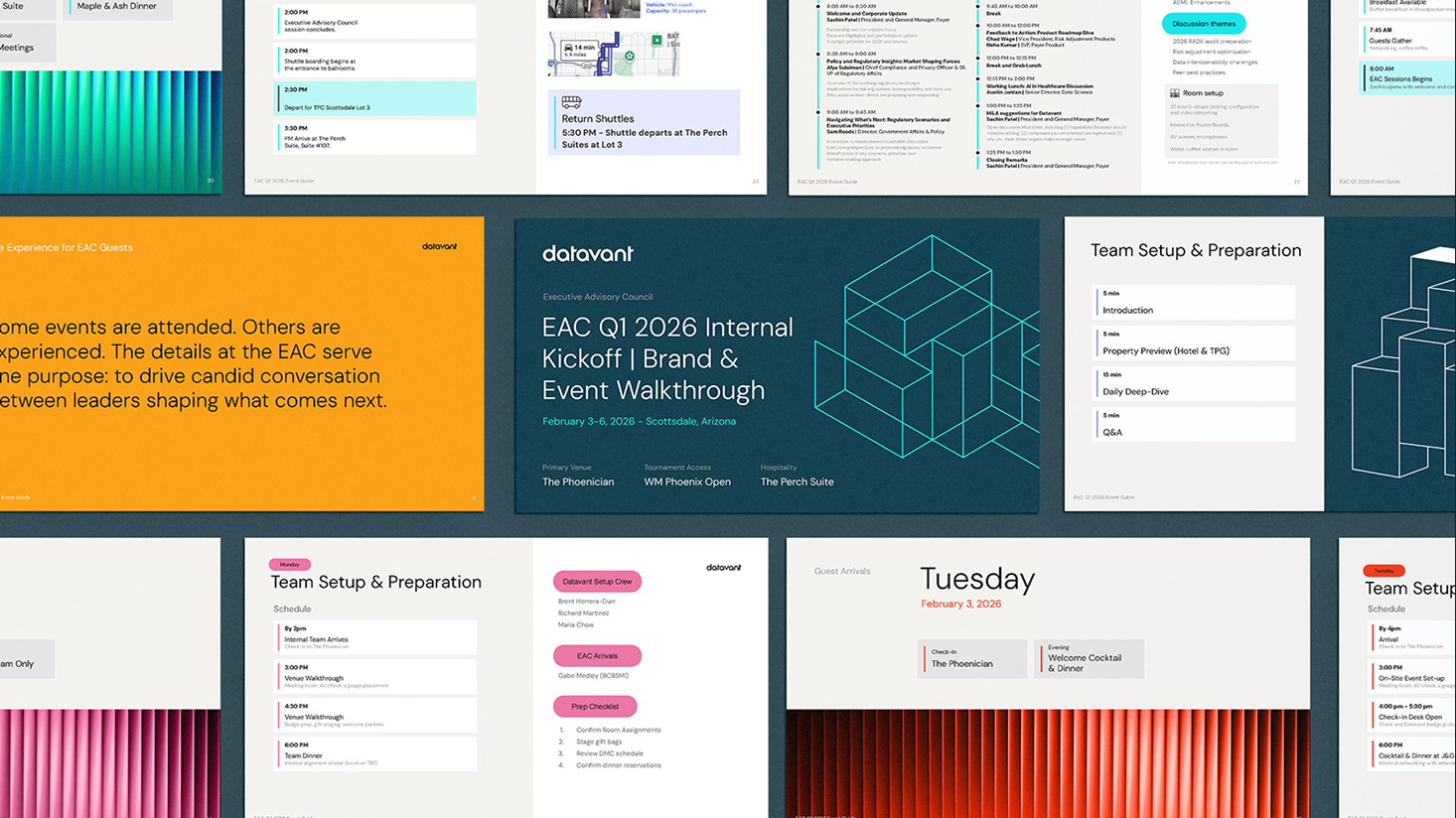 A collage of presentation slides showcasing agendas, event details, and team setup information for the Datavant EAC QI 2026 Internal Kickoff and Brand Event, highlighting a unified executive experience.