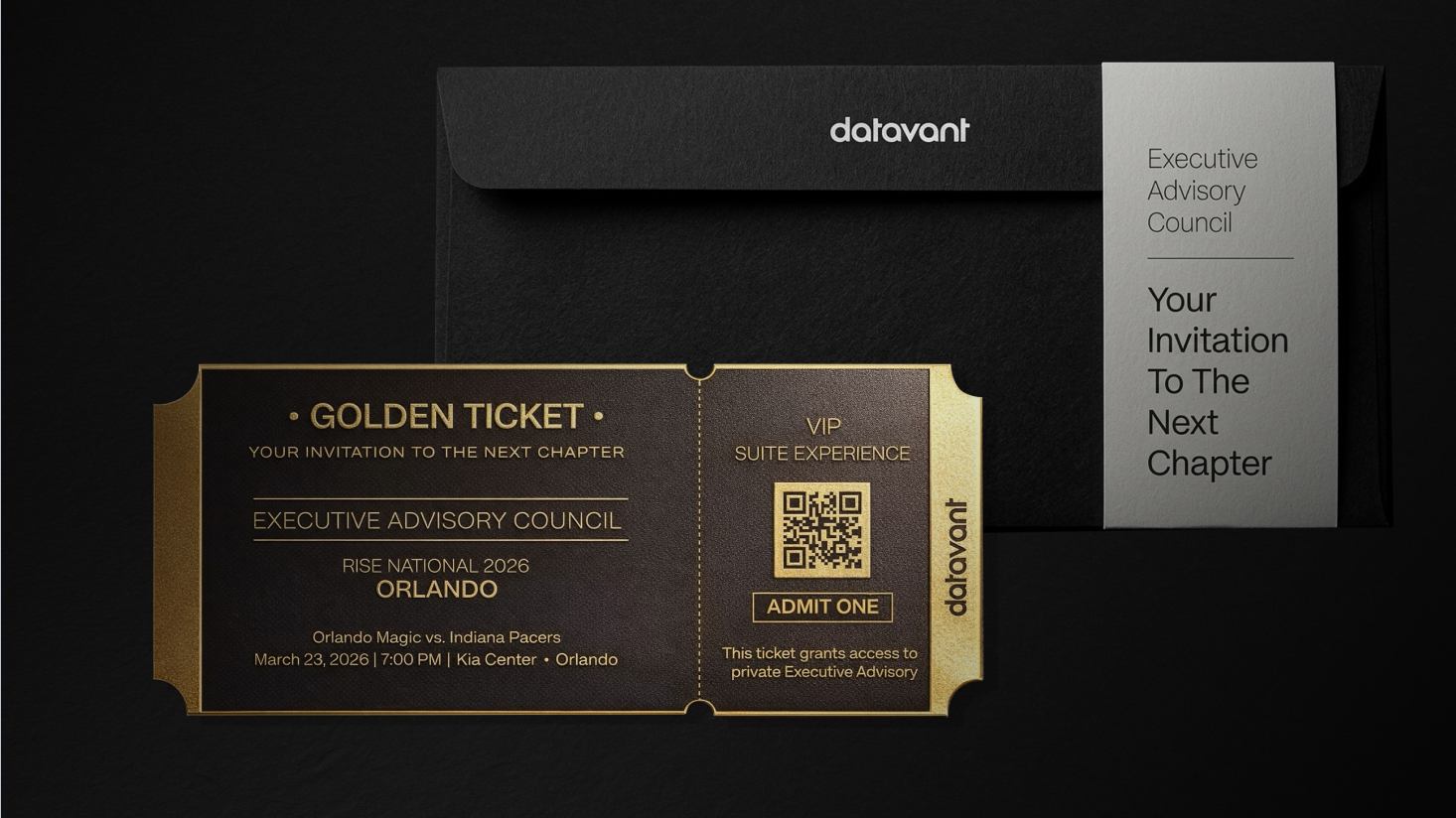 A gold “Golden Ticket” for Datavant’s Executive Advisory Council event in Orlando, alongside a black invitation envelope labeled “Executive Advisory Council,” signals a premium executive experience.