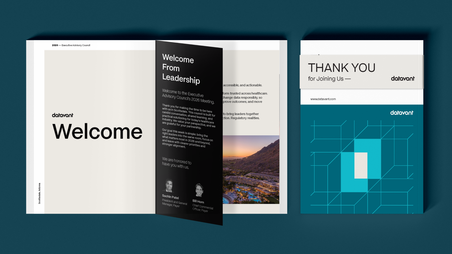 Three booklet covers shown: one says "Welcome," another features a leadership message, and the third says "Thank You for Joining Us—" all with geometric blue designs and the Datavant logo, reflecting a unified executive experience.