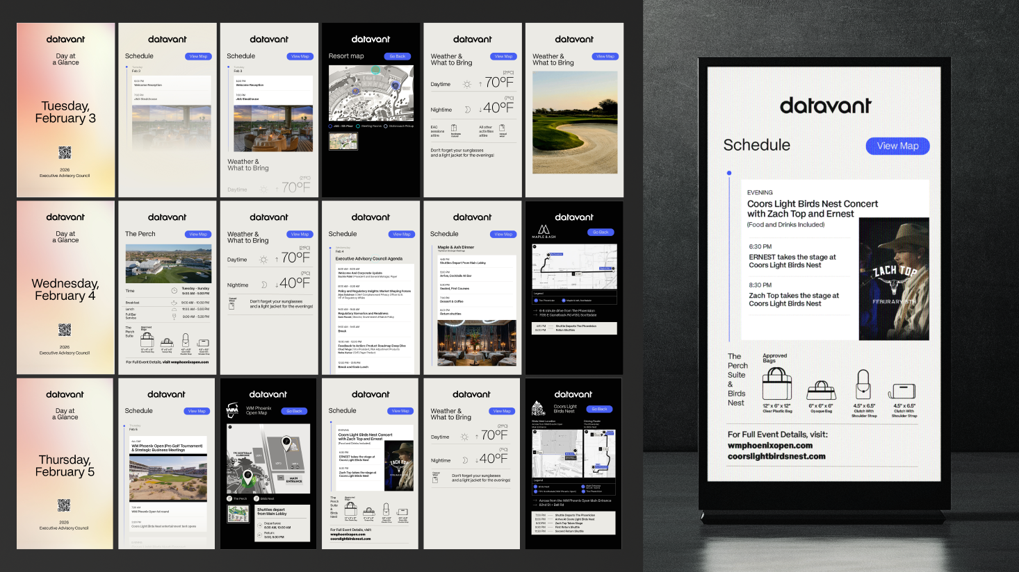 Digital display and storyboard panels provide a unified executive experience for Datavant events, featuring schedules, maps, weather forecasts, and local information like concert details, golf courses, and dining options.