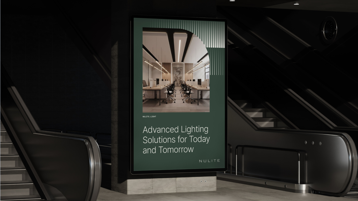 A digital poster near escalators advertises Nulite’s core brand of advanced lighting solutions, featuring an office interior photo and modern green design elements.