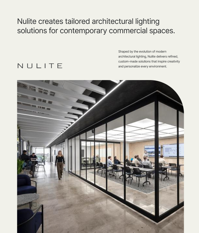 Modern commercial office space with glass-walled meeting room, people seated at a large table, and architectural lighting on ceiling; Nulite branding highlights core brand values and innovative lighting solutions for growth.