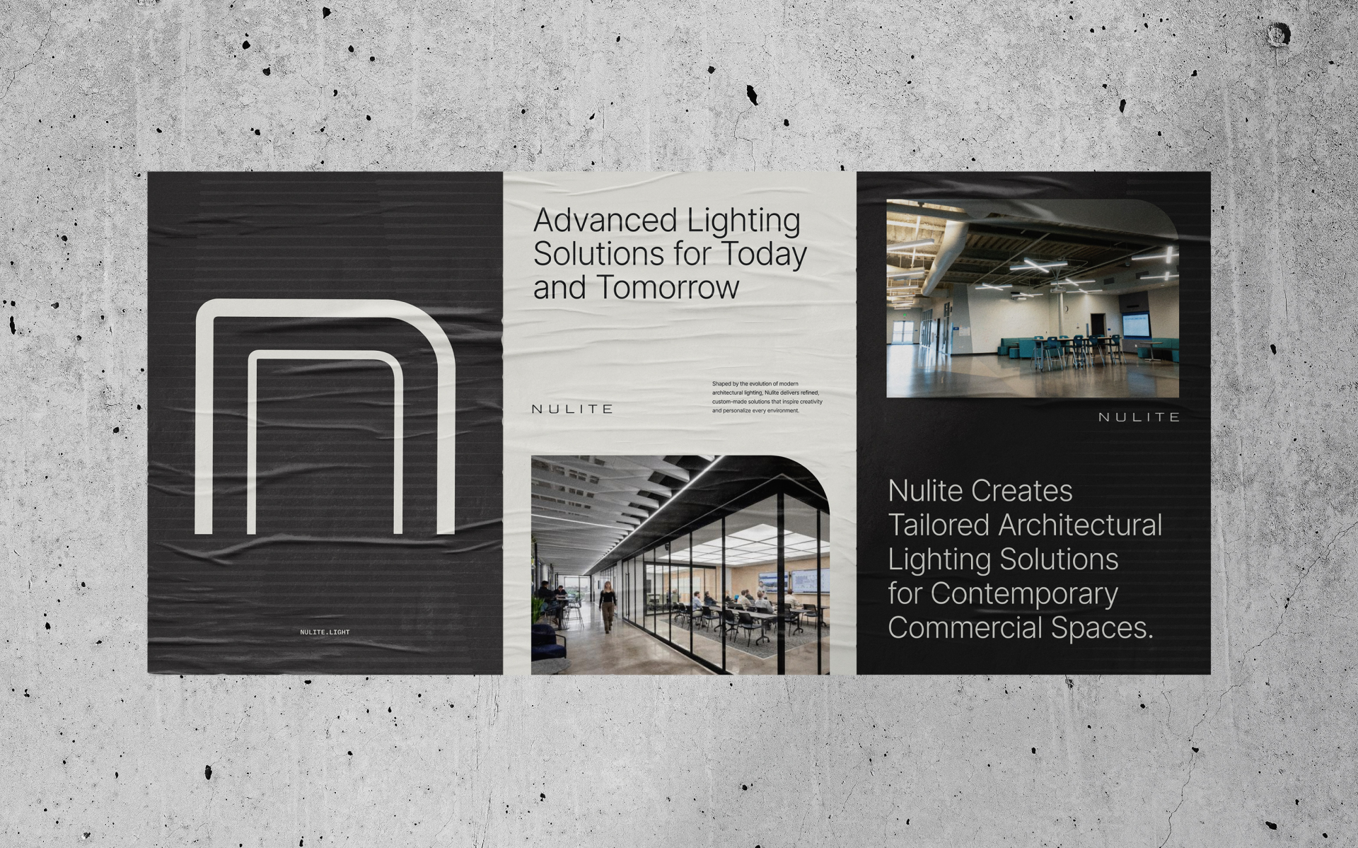A poster displays Nulite’s core brand, featuring an abstract logo, text about advanced lighting solutions, and photos of contemporary office interiors with architectural lighting that inspires growth.