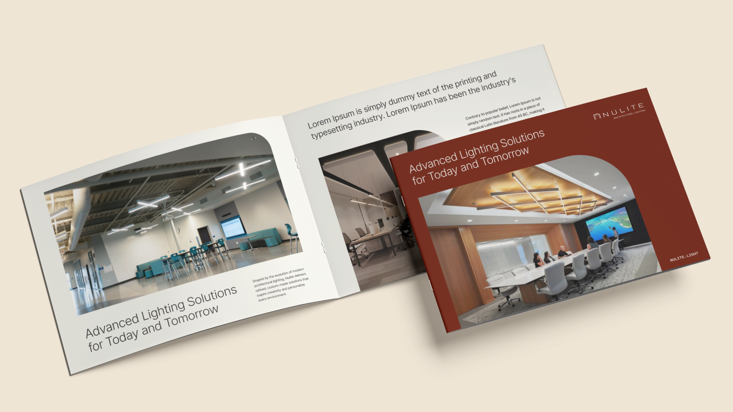 An open and closed brochure showcasing modern office lighting, featuring images of well-lit conference and workspace areas, with the title "Advanced Lighting Solutions for Today and Tomorrow," designed to highlight your core brand and drive brand growth.