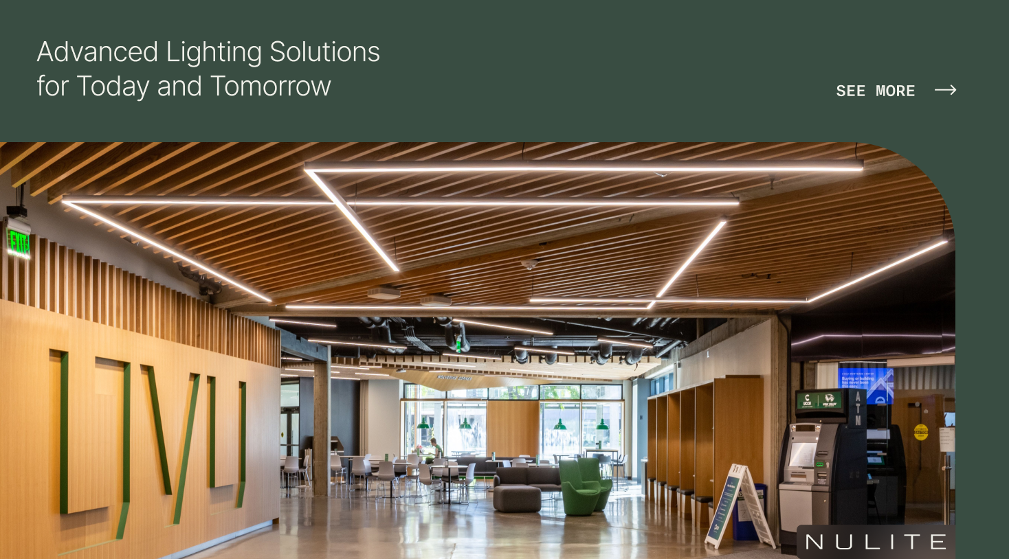 Modern lobby with geometric LED ceiling lights, wood panel accents, seating area, wall art, and an ATM; text reads "Advanced Lighting Solutions for Today and Tomorrow" and "NULITE—innovative lighting driving core brand growth.