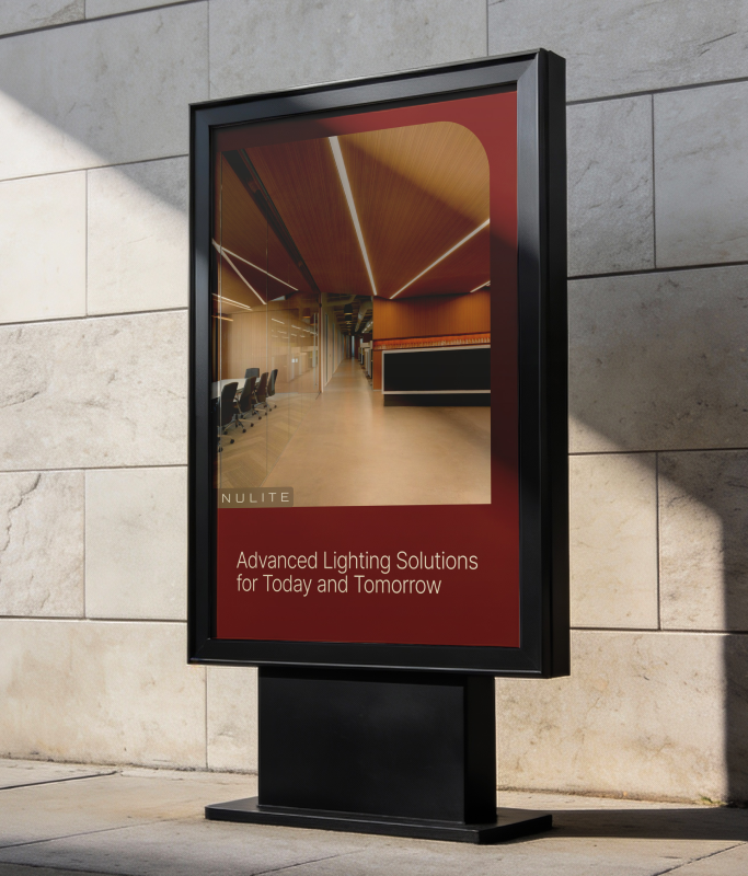 Outdoor advertising display shows a poster with an image of a modern office interior and text reading, "Nulite: Advanced Lighting Solutions for Today and Tomorrow.
