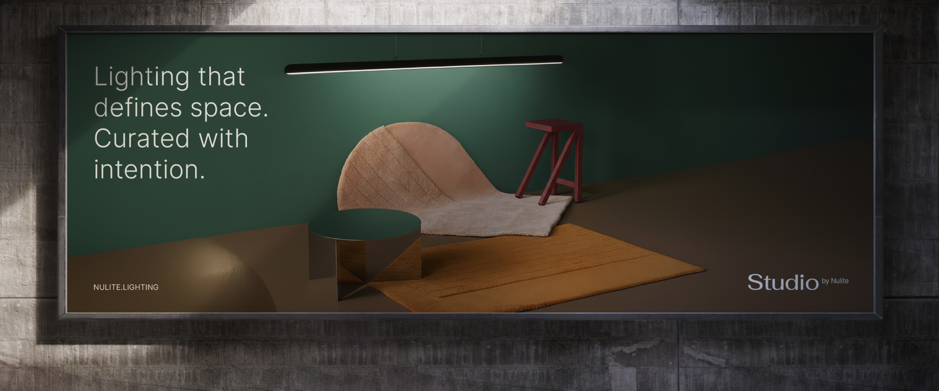 A modern billboard displays a minimalist room with a curved chair, small table, rug, and overhead light. Text reads: "Lighting that defines space. Curated with intention by Studio by Nulite for premium brand identity.
