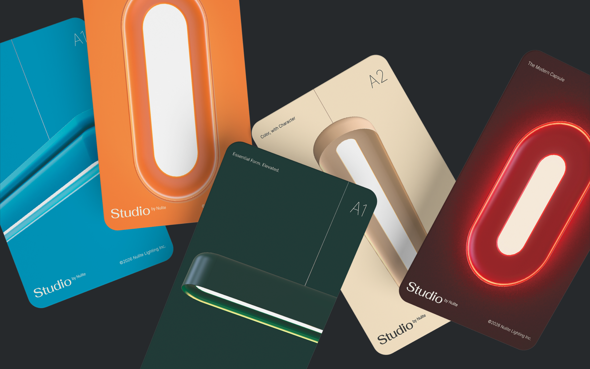Five colorful cards display modern Nulite lamp designs labeled "Studio," each card featuring a different style and color against a dark background—reflecting premium brand identity and inspiring brand growth.