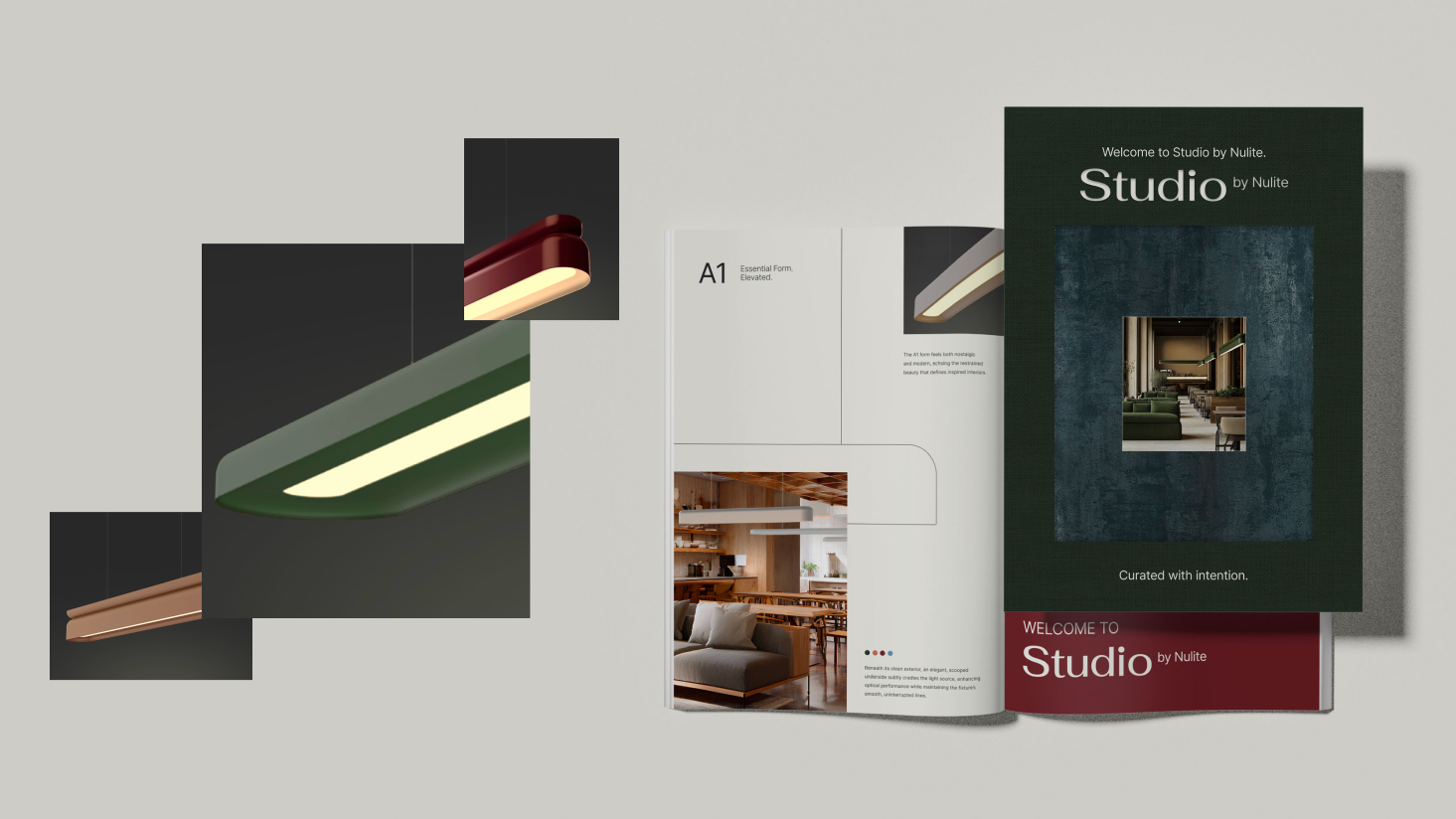 A modern pendant light, an open brochure with interior photos, and a dark green cover labeled "Studio by Nulite" showcase premium brand identity, all displayed side by side on a light background.