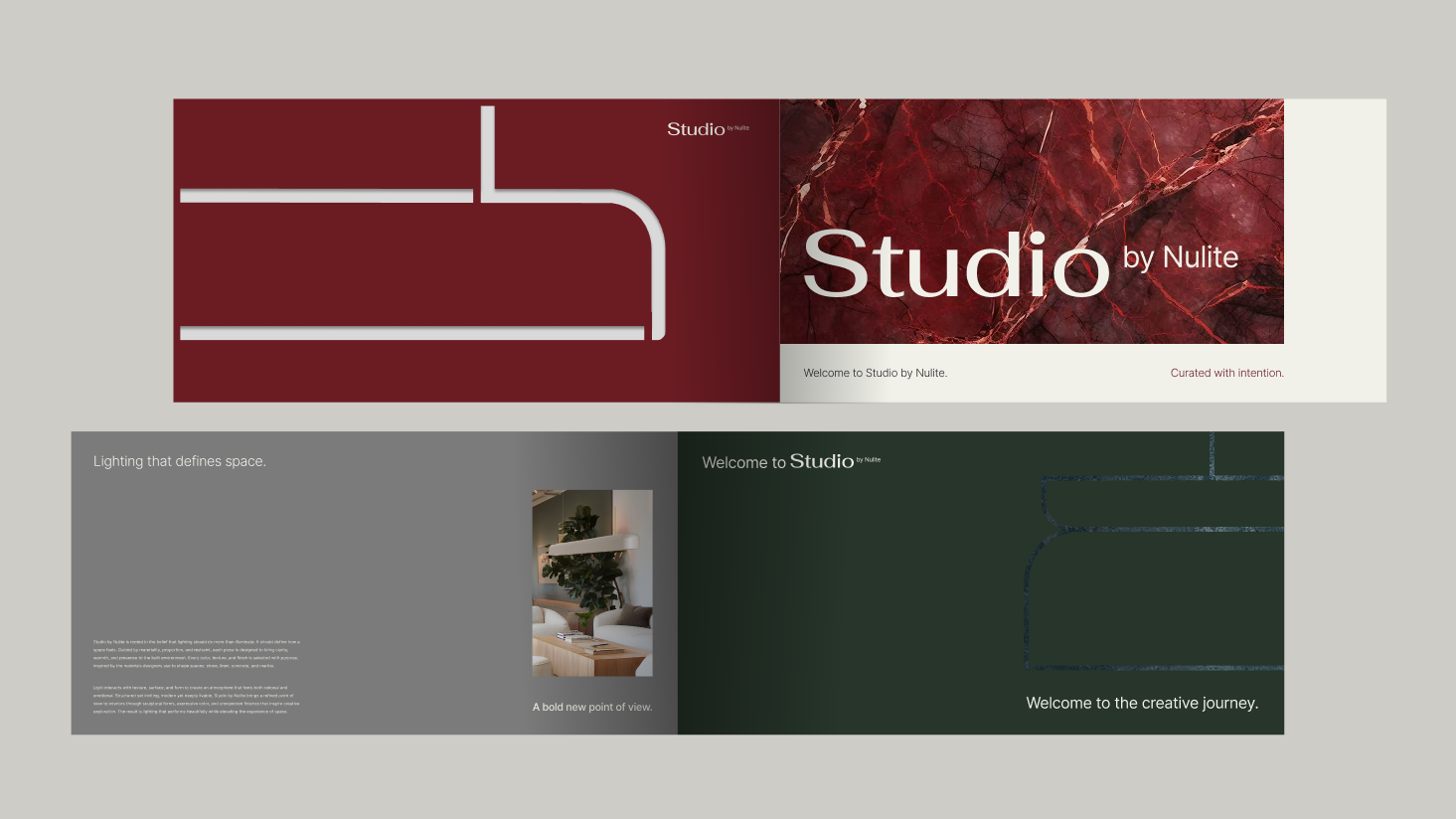 A four-panel brochure design with minimalist graphics, marble texture, and interior photography introduces “Studio by Nulite,” reflecting a premium brand identity through neutral and burgundy tones.