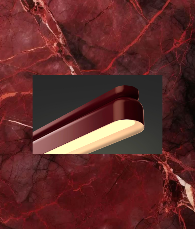 A modern, rectangular hanging light fixture with a dark red frame and glowing center is set against a red marble textured background, capturing the premium brand identity of Studio by Nulite for impactful brand growth.