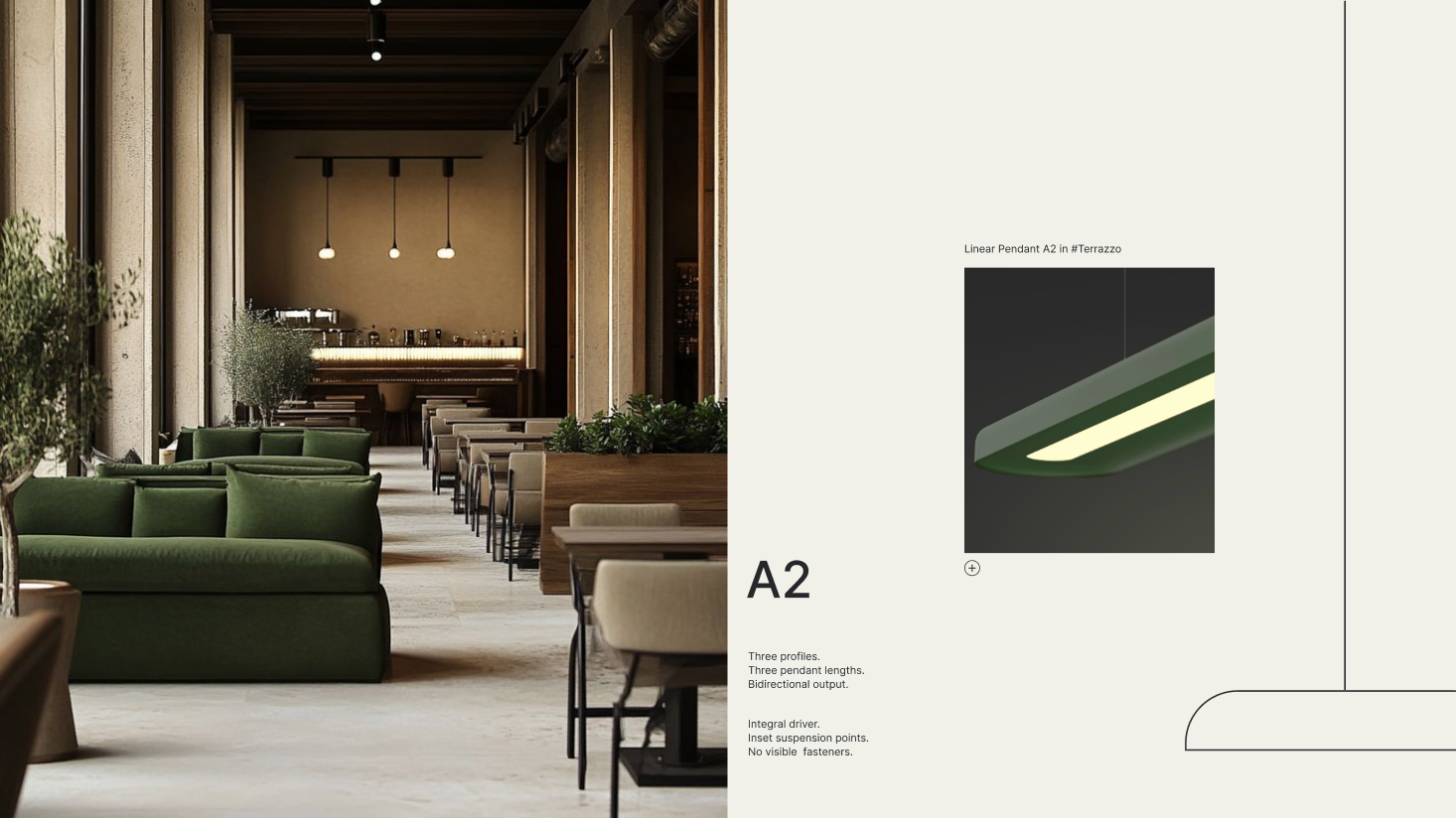 Modern lounge area with green sofas and wooden tables on the left; on the right, a product diagram and description of Nulite’s linear pendant light "A2," reflecting its premium brand identity.