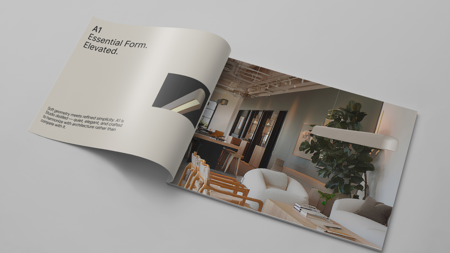 An open magazine displays a modern interior design with neutral furnishings, while the left page features "Essential Form" text and a light fixture image, reflecting Studio by Nulite’s commitment to premium brand identity.