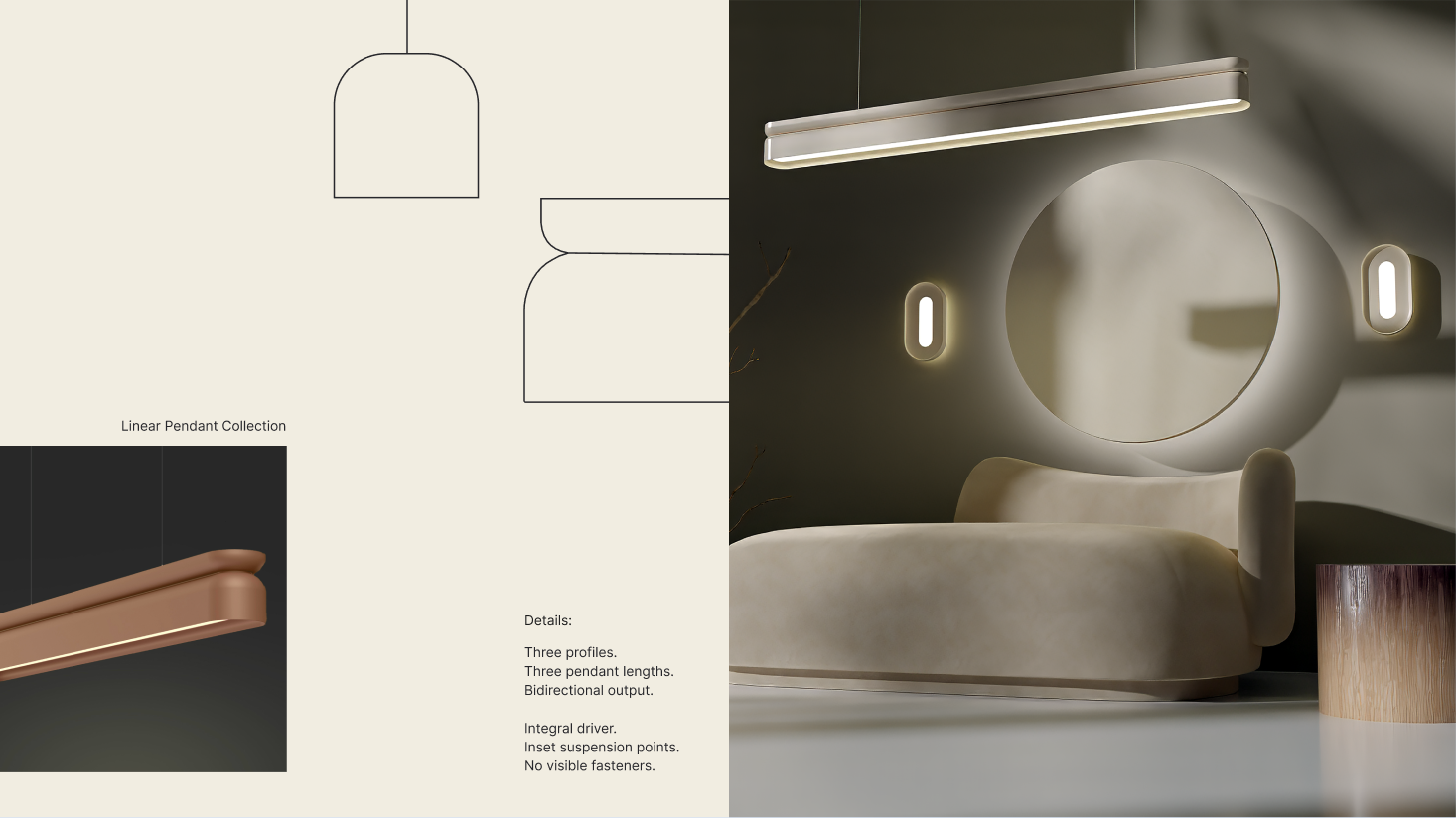 Modern bedroom featuring a curved beige bed, large circular mirror, and minimalist design by Studio by Nulite; premium brand identity and product details displayed on the left.