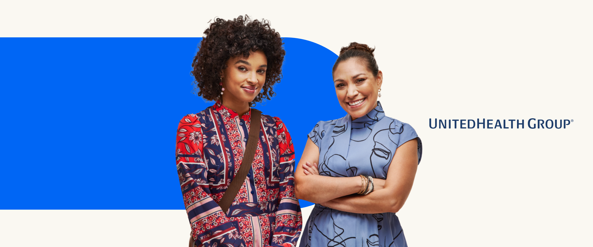 Two women standing side by side and smiling, with a blue geometric background and the UnitedHealth Group logo on the right, reflecting their success in attracting top talent.