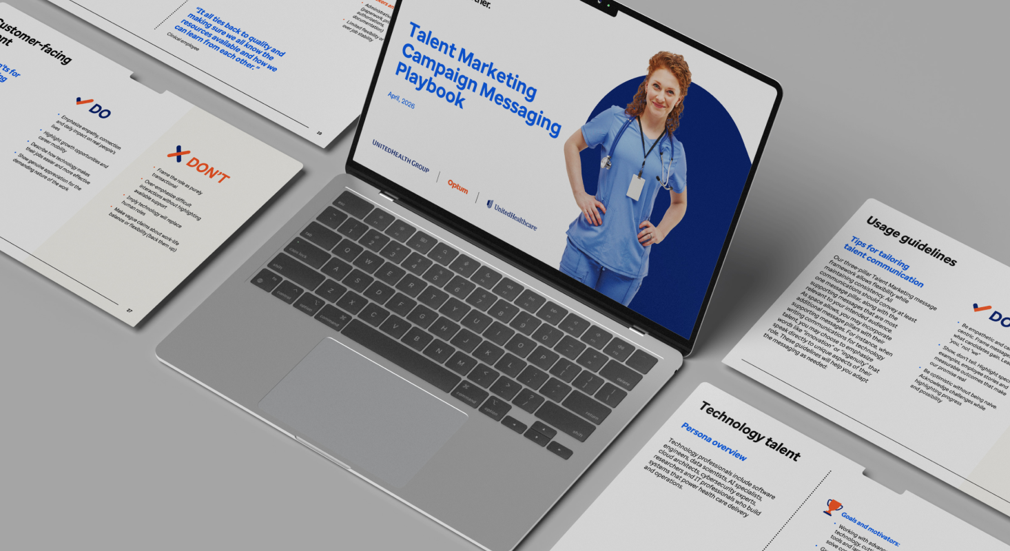 A laptop displays a "Talent Marketing Campaign Messaging Playbook" for UnitedHealth Group, featuring a nurse on the screen and surrounded by printed guideline documents and do/don’t lists to help attract top talent.