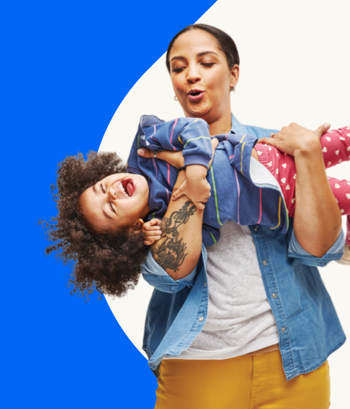 An adult holding a laughing child sideways; both appear joyful. The background features a blue and white geometric design, reflecting the vibrant spirit of UnitedHealth Group and its top talent.